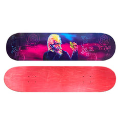 Image of a skateboard deck that features Albert Einstein holding a bud with equations behind him. Color scheme is pink and purple.